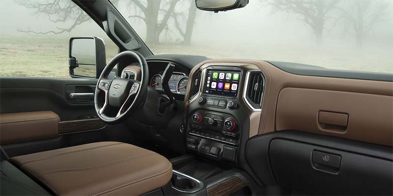 Silverado truck interior with steering wheel and center console